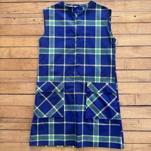 Vtg Sears Plaid Jumper Dress Girls 8 Blue Green Preppy Dark Acadamia 70s Pockets